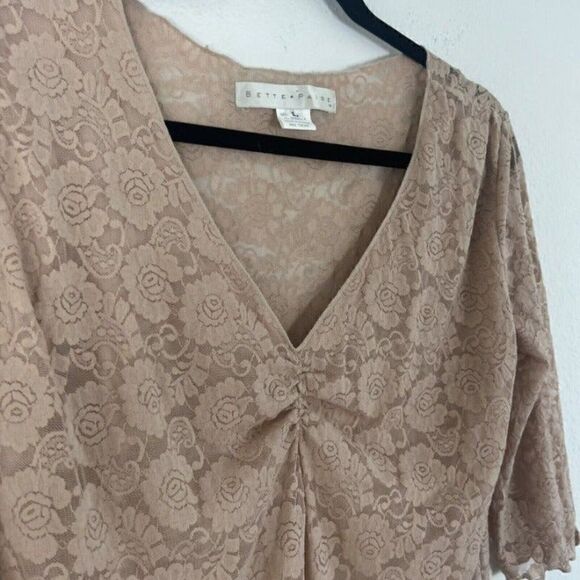 Bettie Page Retro Pin-up Nude Beige Floral Lace Blouse Sheer Back Top Large - Picture 11 of 11